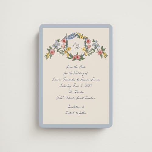 This is a cornflower save the date magnets with standard by Chris Griffith called a wedding in low country printing on magnet paper in magnet