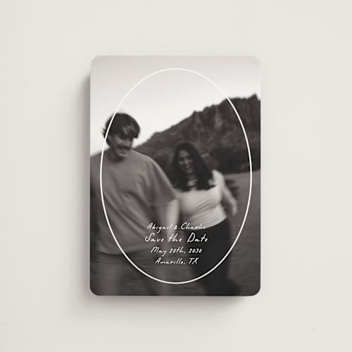 This is a parchment save the date magnets with standard by Nicole Walsh called oval frame printing on magnet paper in magnet