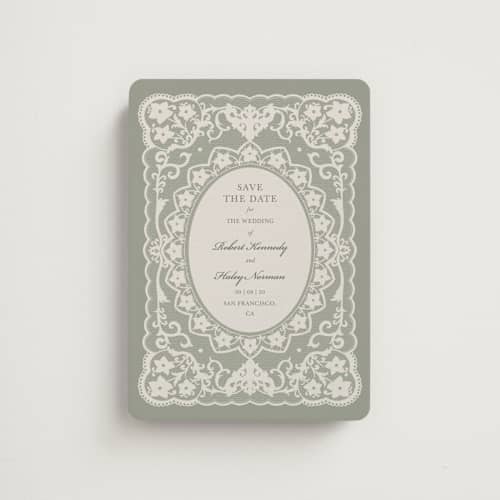 This is a sage save the date magnets with standard by Zove Ahhh called written in romance printing on magnet paper in magnet