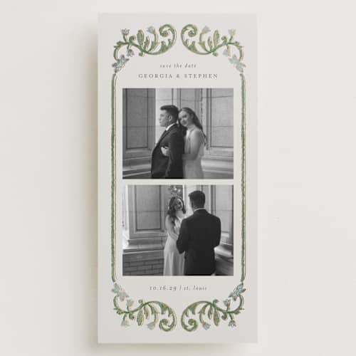 This is a bluebell foil stamped save the date cards with foil pressed by Jen Owens called grandeur printing on recycled smooth signature in tall