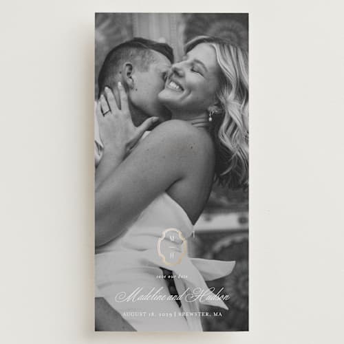 This is a ivory foil stamped save the date cards with foil pressed by Ashlee Townsend called monatuk printing on recycled smooth signature in tall