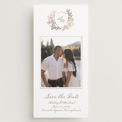 This is a ivory foil stamped save the date cards with foil pressed by Cass Loh called boho flower crest printing on recycled smooth signature in tall