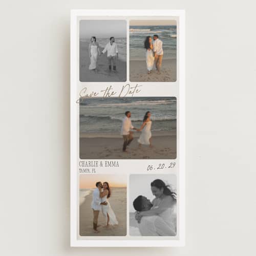 This is a moonstone foil stamped save the date cards with foil pressed by Robert and Stella called film printing on recycled smooth signature in tall