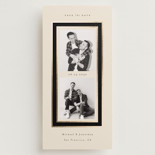 This is a leather foil stamped save the date cards with foil pressed by Corinne Malesic called forever keepsake printing on recycled smooth signature in tall