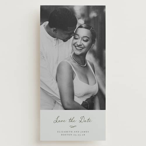 This is a mint save the date with standard by Sara Hicks Malone called sentimental printing on recycled smooth signature in tall