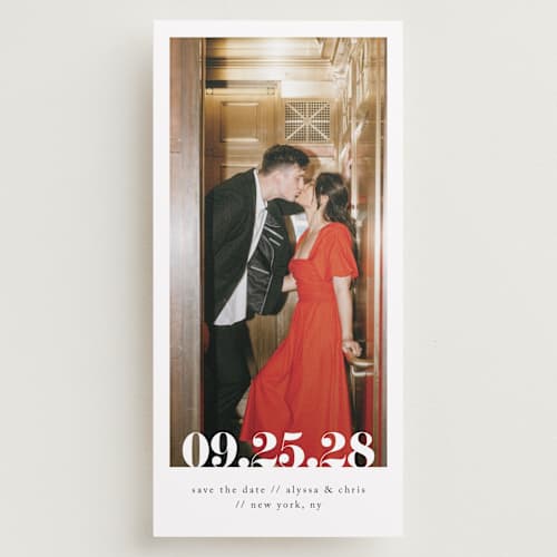 This is a linen save the date with standard by Ashley Cuccio called malibu dreams printing on recycled smooth signature in tall