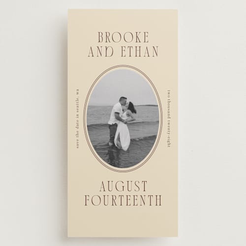 This is a buttercream save the date with standard by Angela Garrick called ethan printing on recycled smooth signature in tall