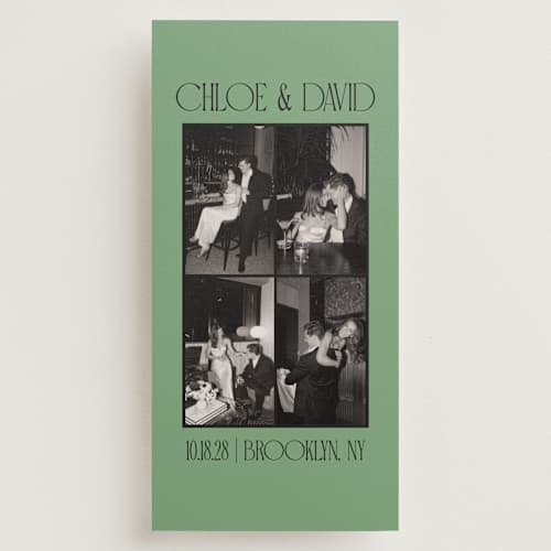 This is a jade save the date with standard by Morgan Kendall called quad printing on recycled smooth signature in tall