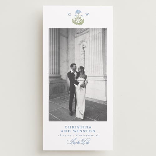 This is a powder save the date with standard by Creo Study called patterned florals printing on recycled smooth signature in tall