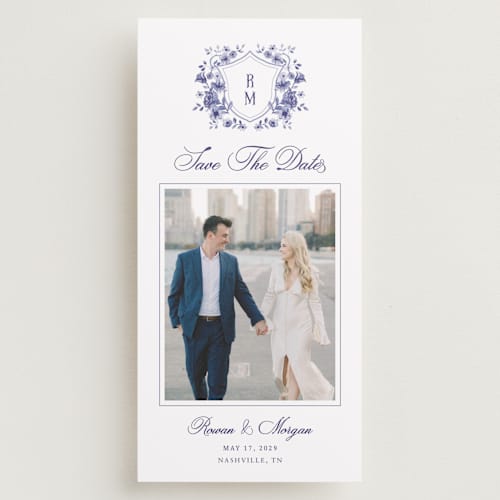 This is a plum save the date with standard by Cass Loh called blooming crest printing on recycled smooth signature in tall