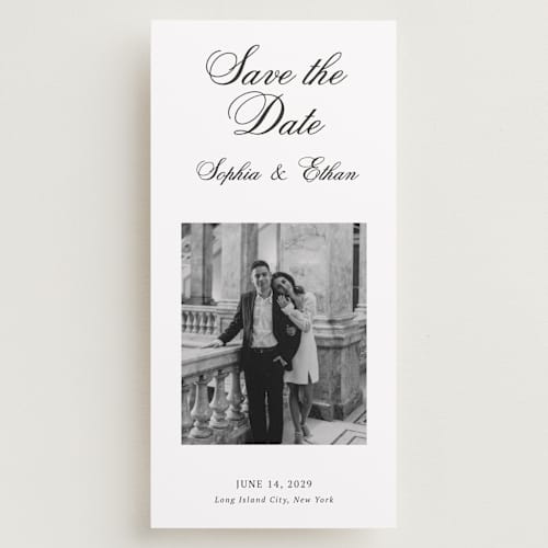 This is a mystic raven save the date with standard by Cass Loh called chic union printing on recycled smooth signature in tall