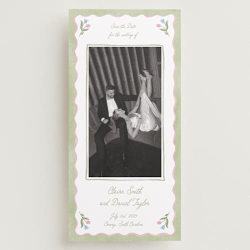 This is a garden save the date with standard by Creo Study called folk garden printing on recycled smooth signature in tall