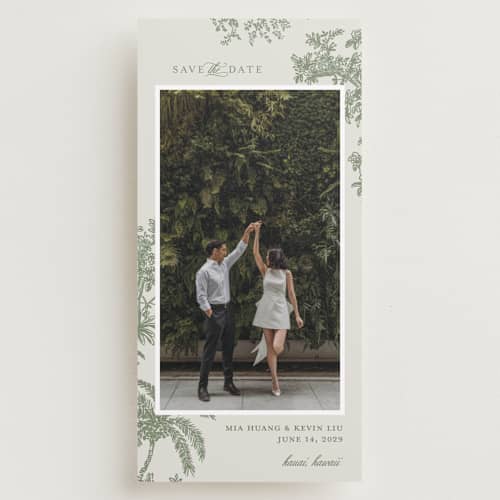 This is a jungle save the date with standard by Jenna Holcomb called vintage tropics printing on recycled smooth signature in tall