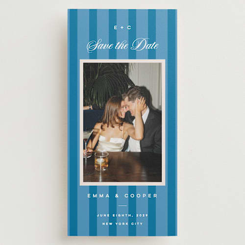 This is a cerulean save the date with standard by Kristie Kern called the emma printing on recycled smooth signature in tall