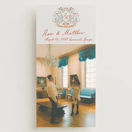 This is a lipstick save the date with standard by Maja Cunningham called chantilly printing on recycled smooth signature in tall