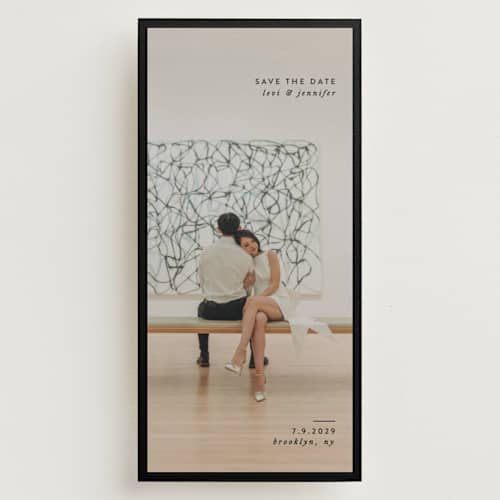 This is a coal save the date with standard by Jackie Crawford called archival border printing on recycled smooth signature in tall