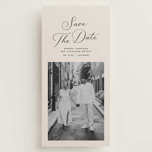 This is a vanilla save the date with standard by Lea Delaveris called dance printing on recycled smooth signature in tall