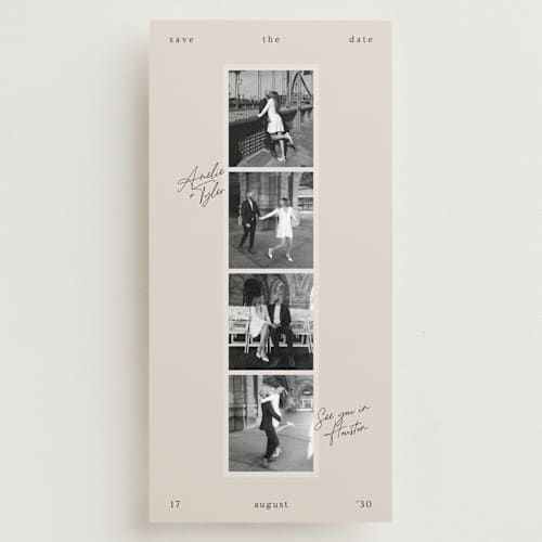 This is a pebble save the date with standard by Elly called moments printing on recycled smooth signature in tall