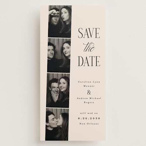 This is a linen save the date with standard by Vanessa Doyle called film roll printing on recycled smooth signature in tall