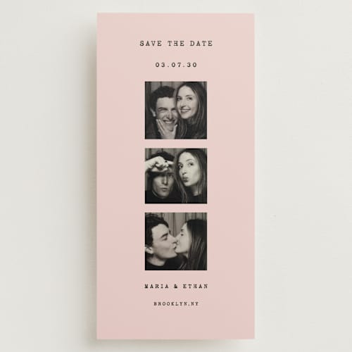 This is a soft rose save the date with standard by Rina Ozum called photo booth romance printing on recycled smooth signature in tall
