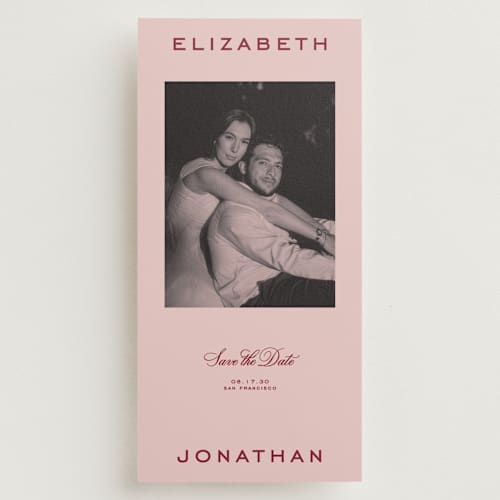 This is a scarlet save the date with standard by Creo Study called modern showcase printing on recycled smooth signature in tall