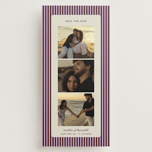 This is a plum save the date with standard by Kelly Watkins called vivienne printing on recycled smooth signature in tall