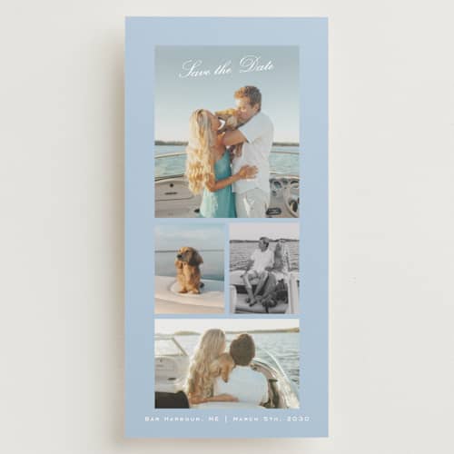This is a sky save the date with standard by Angela Garrick called winter wonders printing on recycled smooth signature in tall