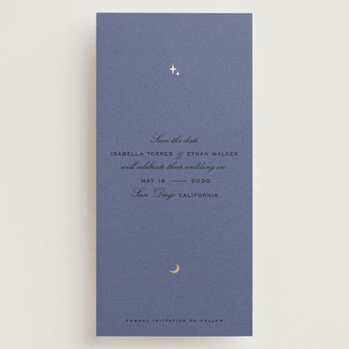 This is a twilight blue foil stamped save the date cards with foil pressed by Leia Matt called celeste printing on signature in tall