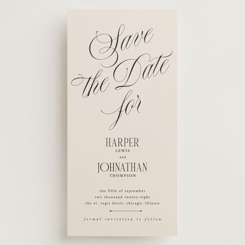 This is a linen save the date with standard by Kate Ahn called mirin printing on signature in tall