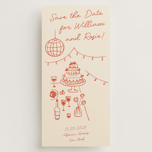 This is a sangria spark save the date with standard by Zove Ahhh called party on! printing on signature in tall