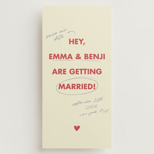 This is a latte save the date with standard by Helena Vitto called love note printing on signature in tall