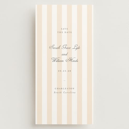 This is a peach save the date with standard by Sara Hicks Malone called awning stripe printing on signature in tall