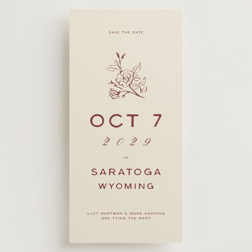 This is a rust save the date with standard by Ani Somi called rose ink printing on signature in tall