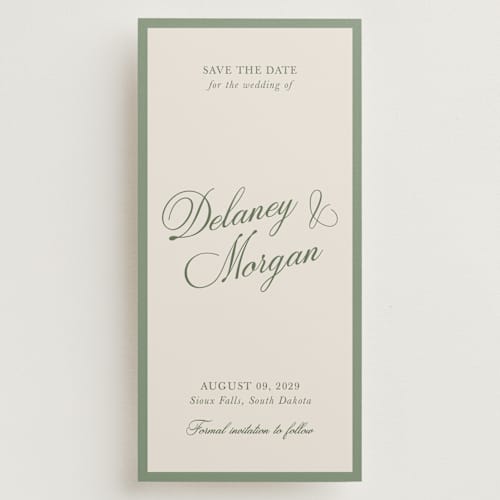 This is a olive save the date with standard by Cass Loh called classic bold border printing on signature in tall