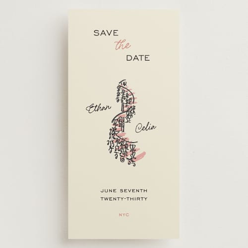 This is a rose save the date with standard by Sarah Rosenthal called tournelle printing on signature in tall