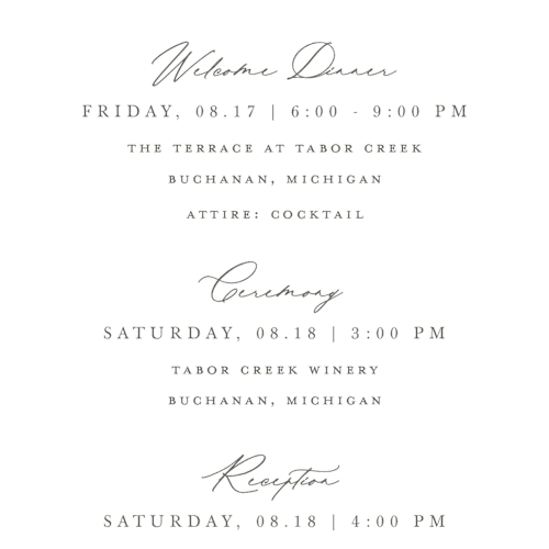 This is a champagne ceremony reception essentials with standard by Sarah Brown called vineyard printing on signature in 4x9
