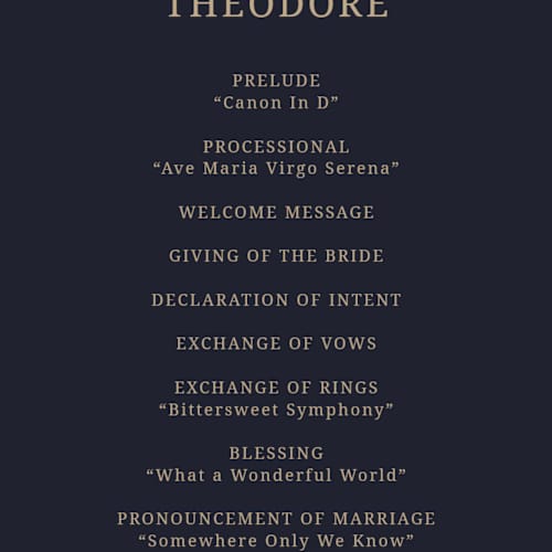 This is a navy unique wedding programs with foil pressed by Jess Rosa Beck called botanical tapestry printing on signature in standard