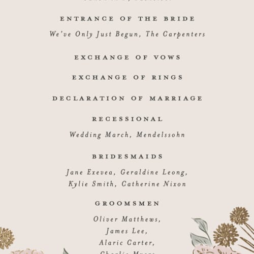 This is a blush meadow unique wedding programs with foil pressed by Grae called dancing in the garden printing on signature in standard