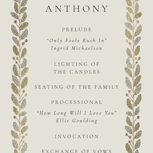 This is a fern unique wedding programs with foil pressed by Jen Owens called vine wrap printing on signature in standard