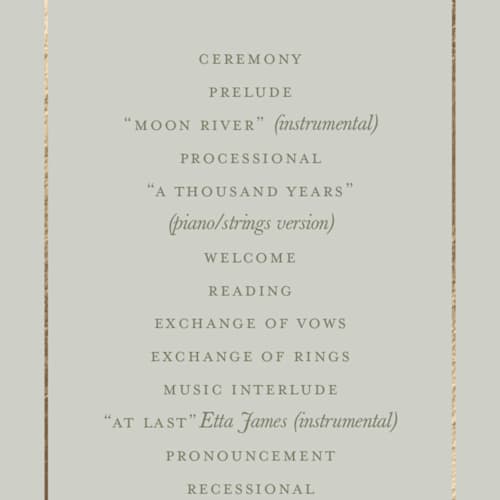 This is a sage unique wedding programs with foil pressed by Lucrecia Caporale called country elegance printing on signature in standard