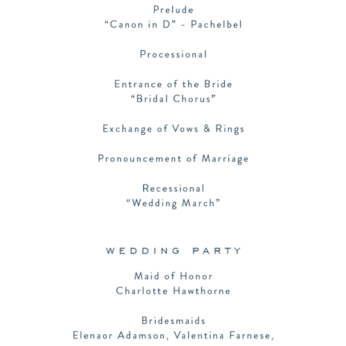 This is a royal navy unique wedding programs with foil pressed by Olivia Raufman called anchored printing on signature in standard