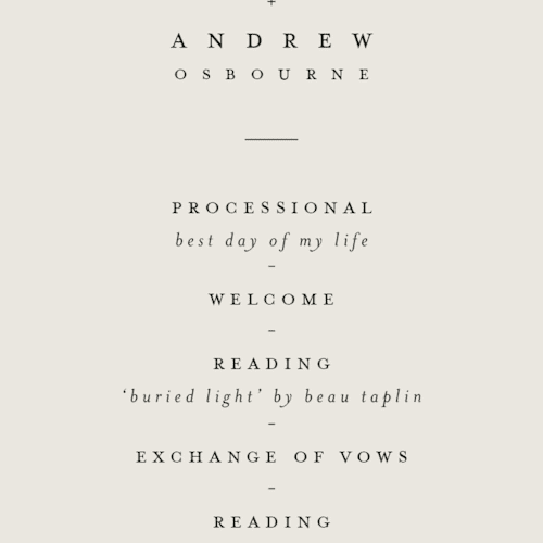 This is a linen unique wedding programs with foil pressed by Pippa Shaw called silk printing on signature in standard