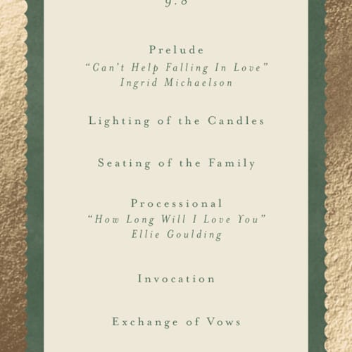 This is a rosemary unique wedding programs with foil pressed by Emily Betts called vintage oval printing on signature in standard