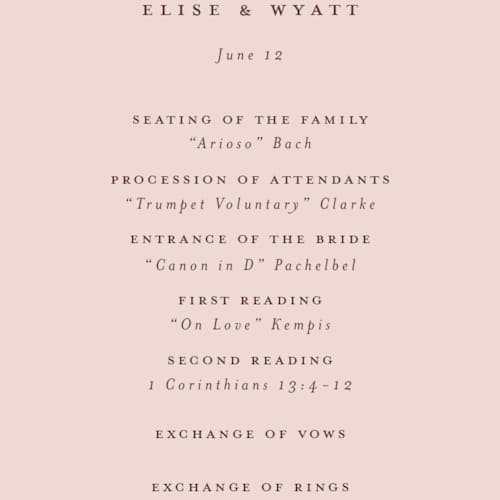 This is a rose quartz unique wedding programs with foil pressed by Emily Betts called scallop monogram printing on signature in standard