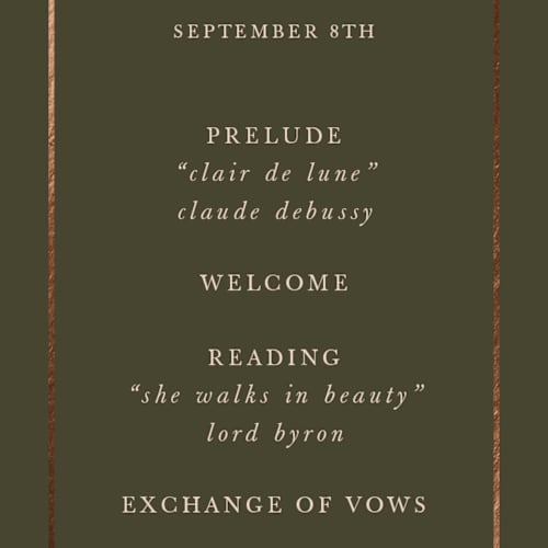 This is a midnight forest unique wedding programs with foil pressed by Morgan Kendall called playbill printing on signature in standard
