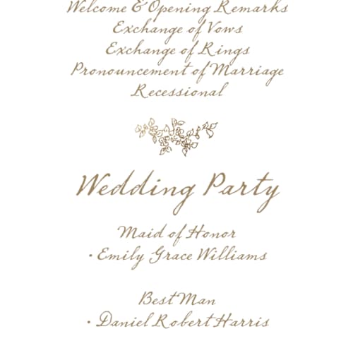 This is a ivory unique wedding programs with foil pressed by Cass Loh called boho flower crest printing on signature in standard