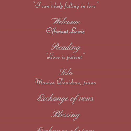 This is a burgundy unique wedding programs with foil pressed by Baumbirdy called scallop frame printing on signature in standard