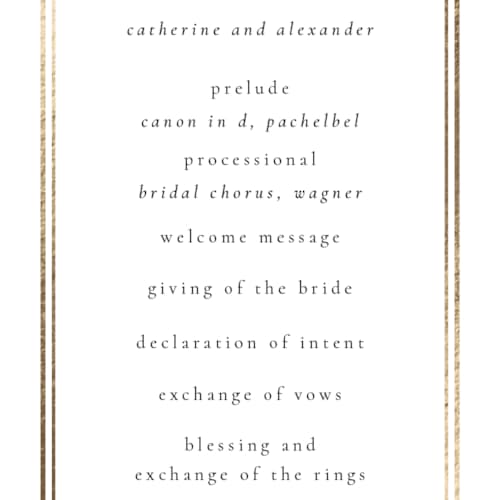 This is a quartz unique wedding programs with foil pressed by Ana de Sousa called summit serenity printing on signature in 4x9