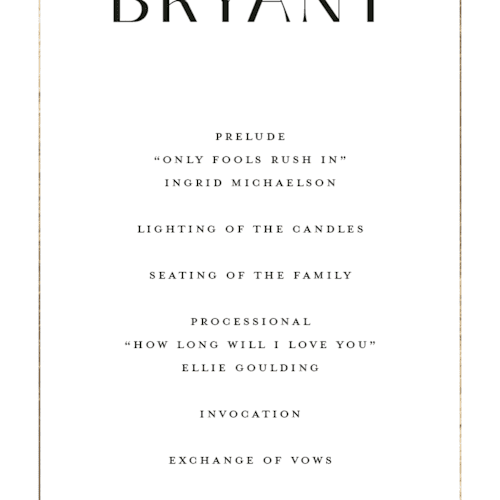 This is a cotton unique wedding programs with foil pressed by Christie Garcia called loren printing on signature in 4x9