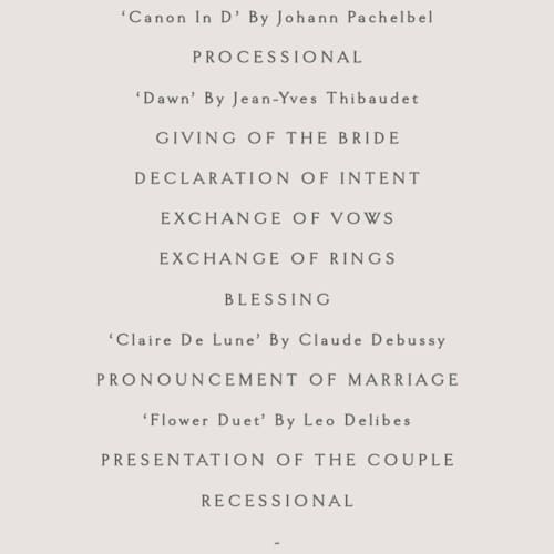This is a ivory unique wedding programs with foil pressed by Angela Thompson called eloquent printing on signature in 4x9